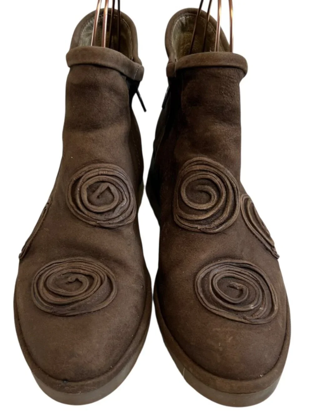 Fly London boots brown suede swirl design zip up booties 40 9 9.5 wedge